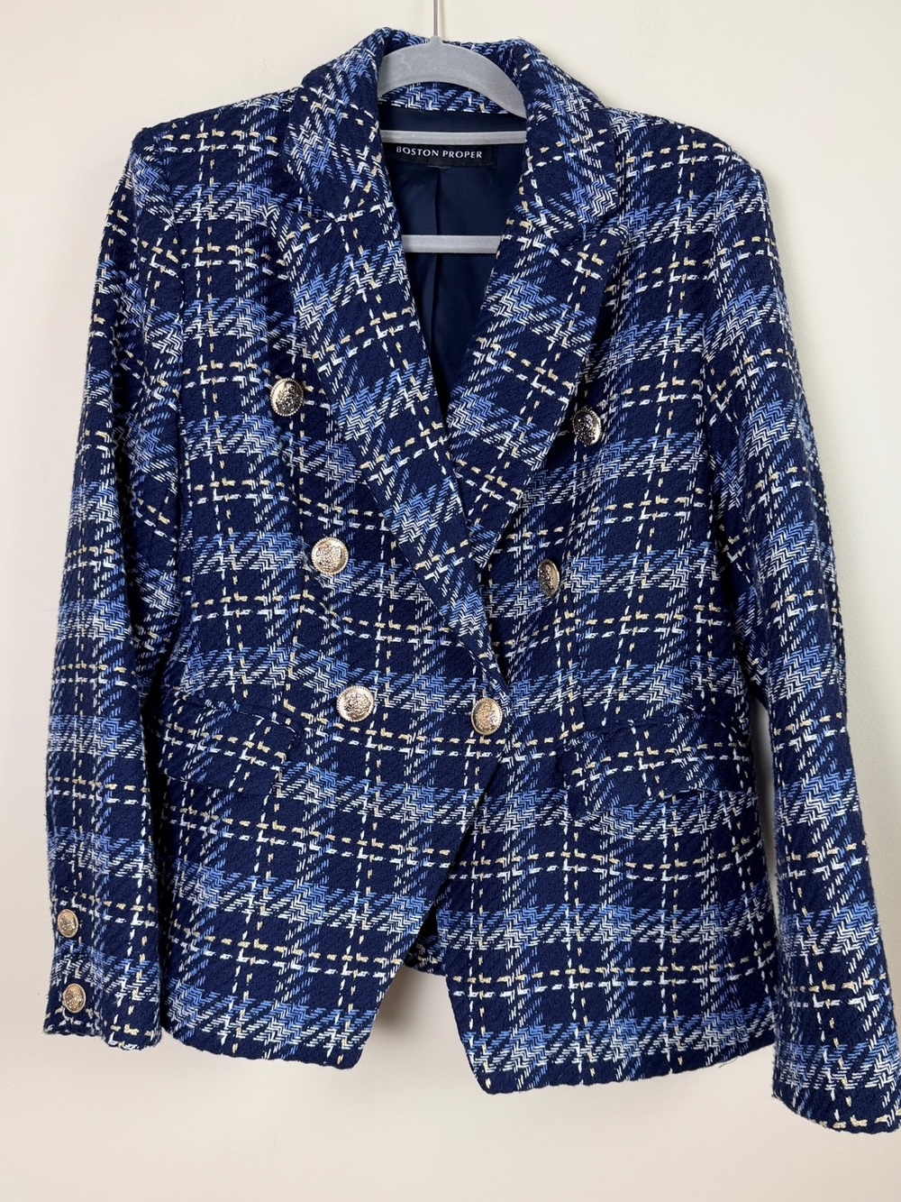 Boston Proper Blue Tweed Plaid Double-Breasted Blazer